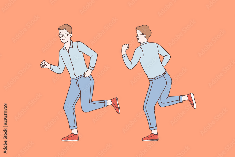 Business, manager, rush, pursuit set concept. Concerned clerk in the office in a hurry to fulfill their obligations. Punctual worker. Simple flat vector.