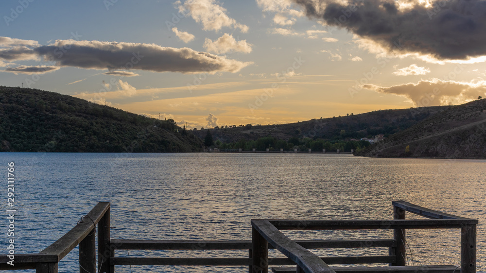 Reservoir of Sega de Ordas in Leon, Spain. Full of water during the sunset Reservoir of Sega de Ordas in Leon, Spain. Full of water during the sunset