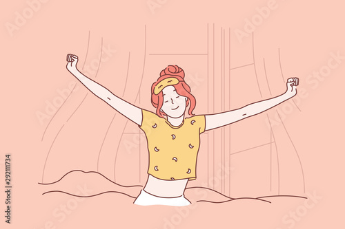 Wake up, new day, bedroom, comfort concept. Happy sleepy young woman or girl in a great mood sipping hands gets out. Sweet smiling lady enjoys the early sunshine. Simple flat vector.
