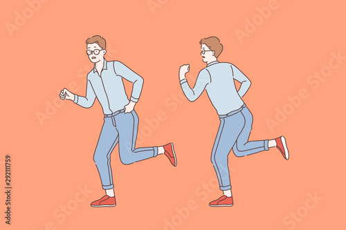 Business, manager, rush, pursuit set concept. Concerned clerk in the office in a hurry to fulfill their obligations. Punctual worker. Simple flat vector.
