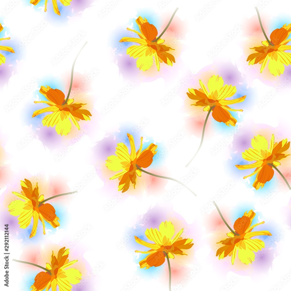 Seamless pattern with falling yellow cosmos flowers against colorful watercolor spots on white background.