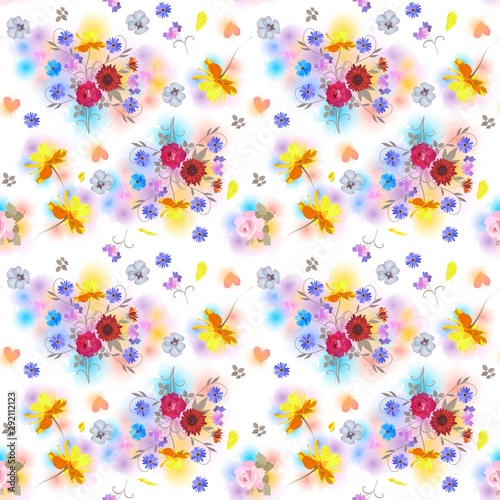 Seamless floral pattern with bouquets of garden flowers  hearts and colorful spots in watercolor style. Summer print for fabric.