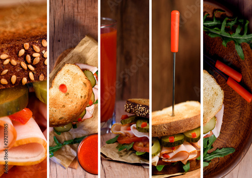 Freshly made clubsandwiches served on a wooden chopping board photo