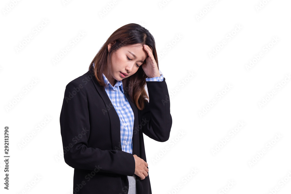 Portrait young attractive business woman in formal suit suffer from headache and stress Portrait young attractive business woman in formal suit suffer from headache and stress