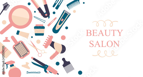 Vector card for hair salon. Hair instruments and elements on white background