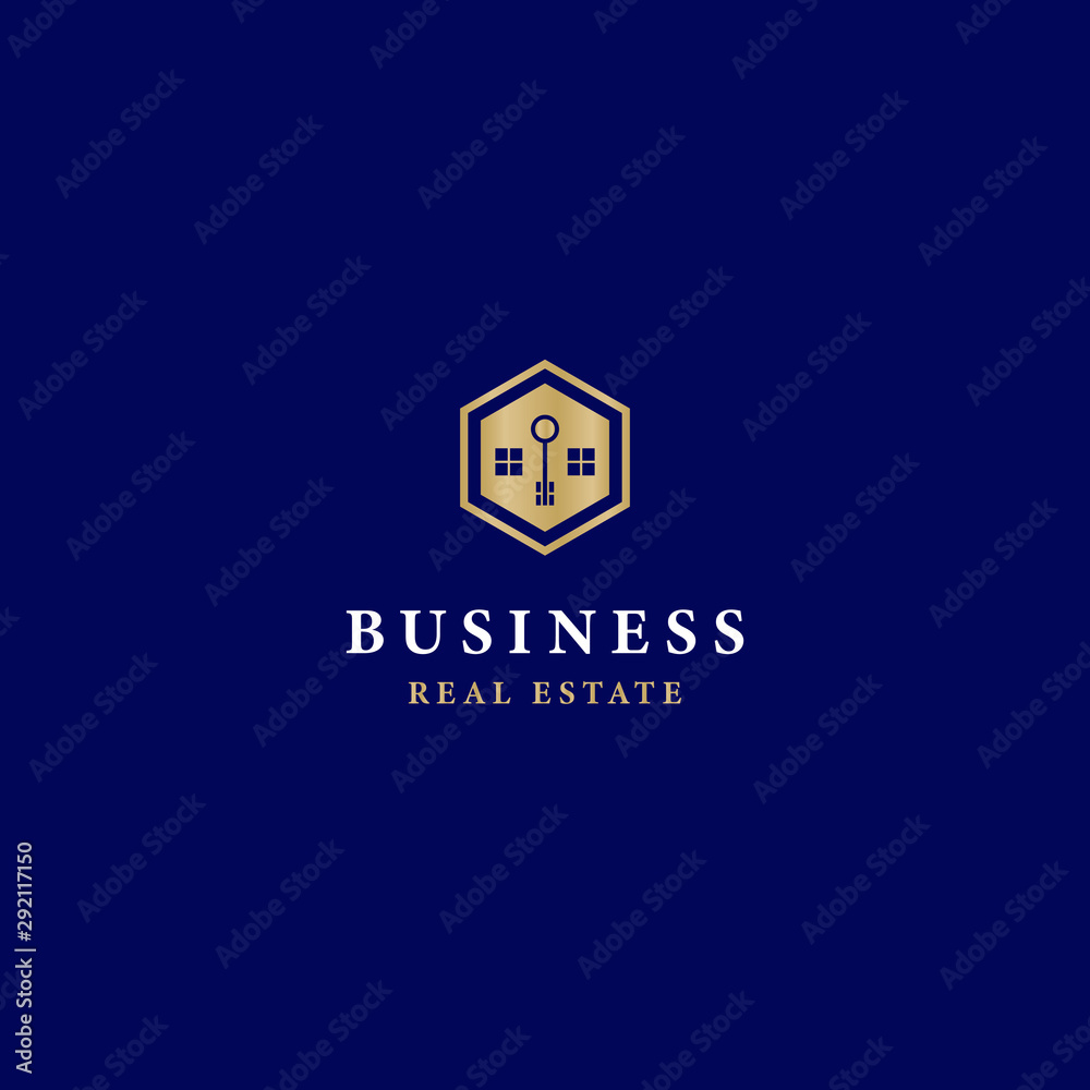 Gold real estate logo on royal blue background with windows Stock