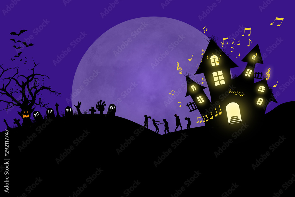 Halloween background. Template for party poster or invitation. Haunted house with musical notes.