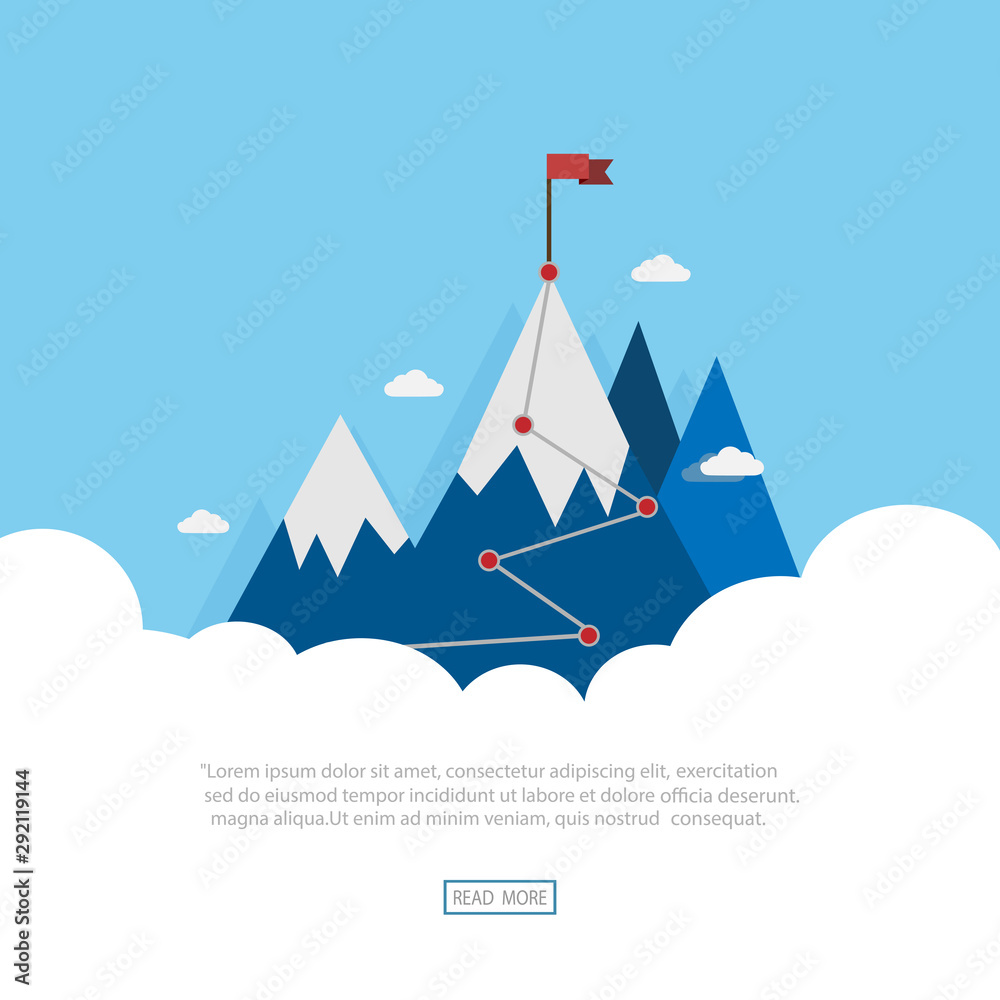Landscape vector flat flag on blue mountains. The victory of success. Goal achievement. Business concept. Winning of competition design for website and template.