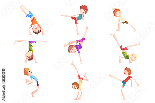 Boy practicing capoeira movements set  kid characters doing combat elements of martial art vector Illustrations on a white background