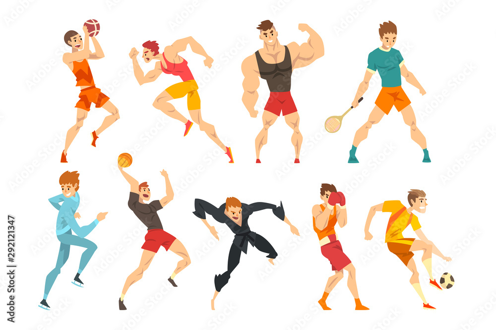 Athletic people doing various kinds of sports, sportsmen characters in uniform with equipment, vector Illustrations on a white background