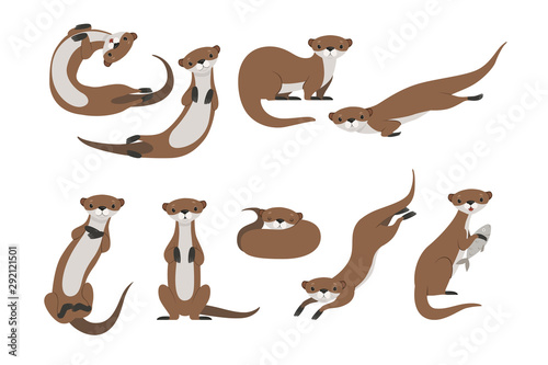 Cute otter set, funny animal character in various poses vector Illustration on a white background
