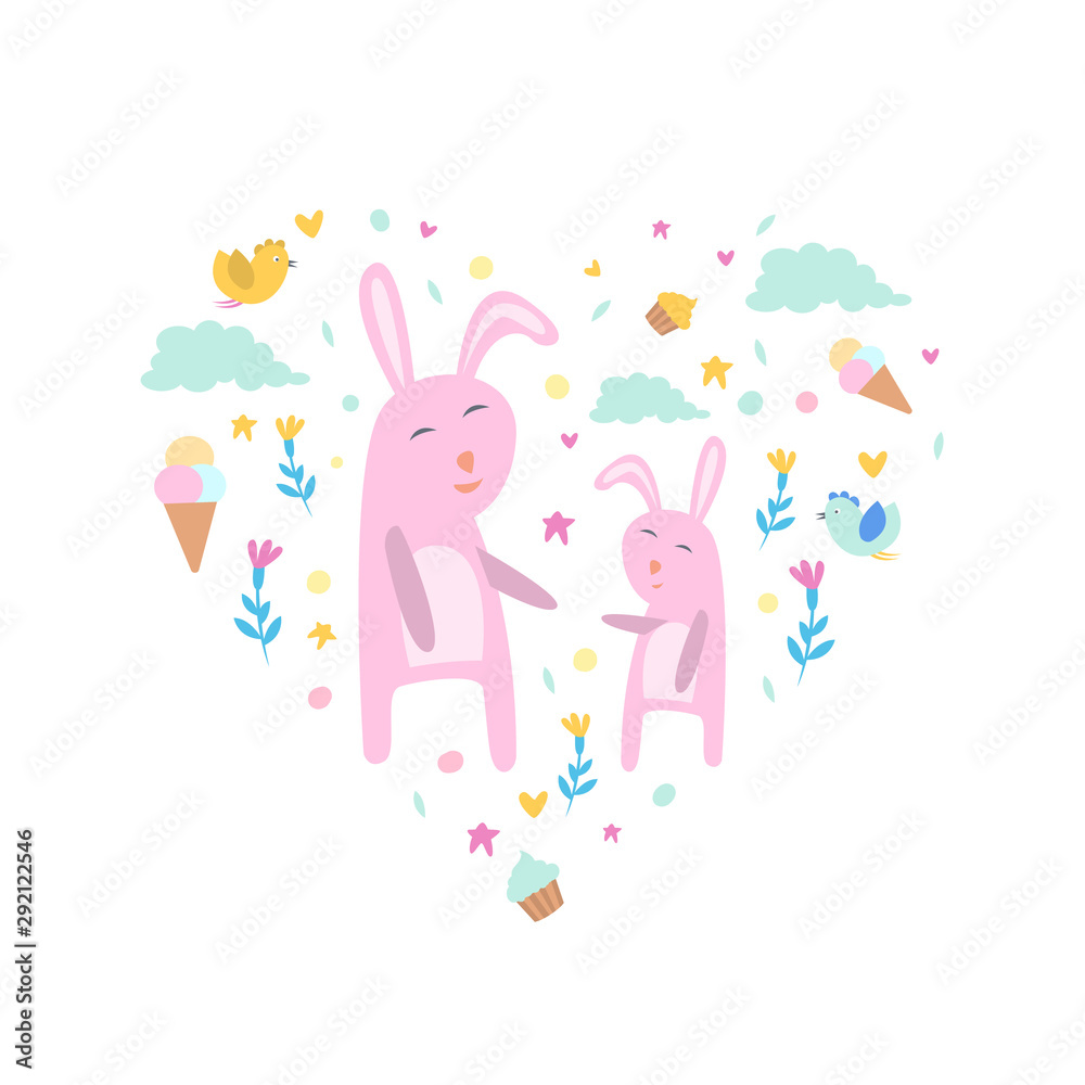 Pink Bunnies with Clouds, Flowers and Ice Creams of Heart Shape, Cute Childish Poster, Greeting or Invitation Card, Print for T-shirt Design Element Vector Illustration