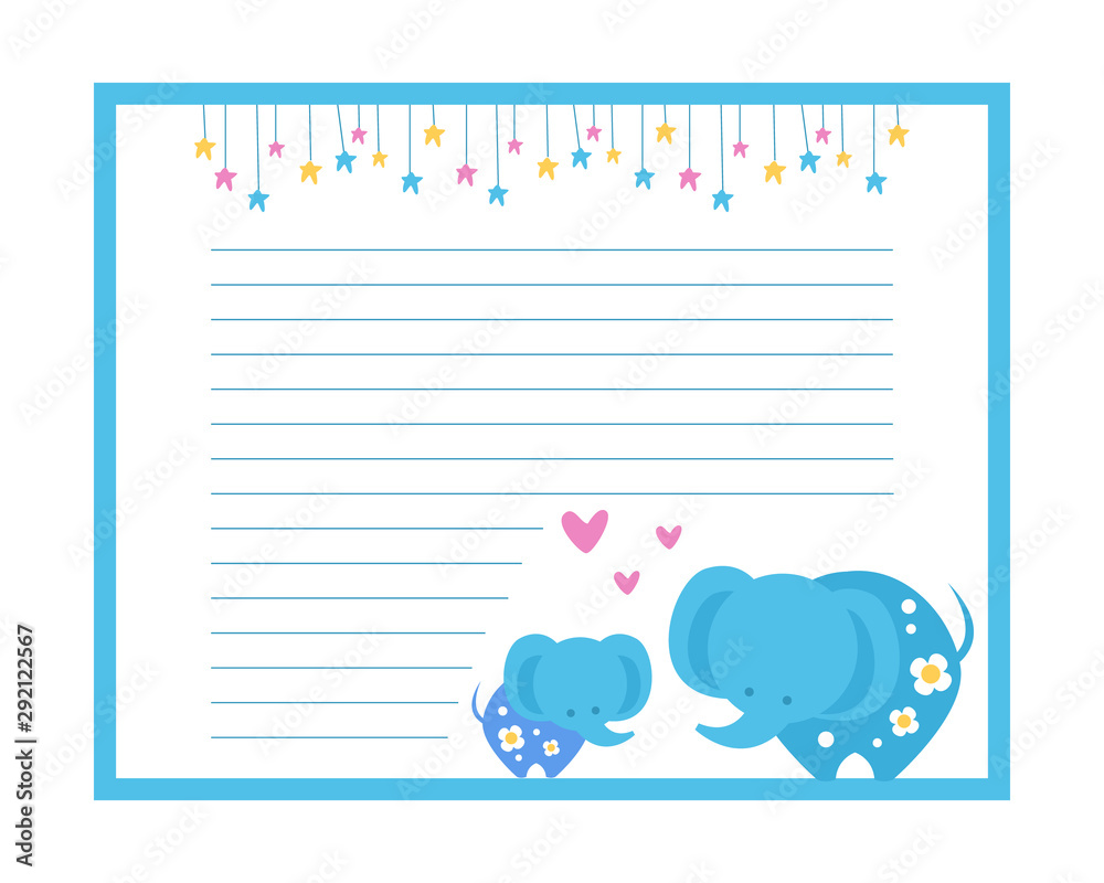 Cute Paper Page with Elephants, Lined Sheet, Notebook, Diary, School Notes, Workbook Design Element Vector Illustration