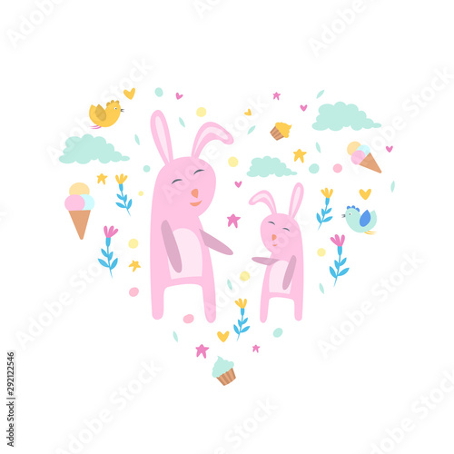 Pink Bunnies with Clouds, Flowers and Ice Creams of Heart Shape, Cute Childish Poster, Greeting or Invitation Card, Print for T-shirt Design Element Vector Illustration © topvectors