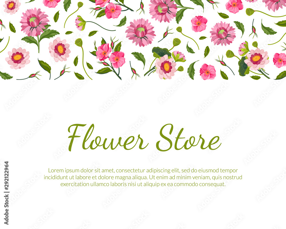 Flower Store Banner Template with Beautiful Flowers Seamless Pattern