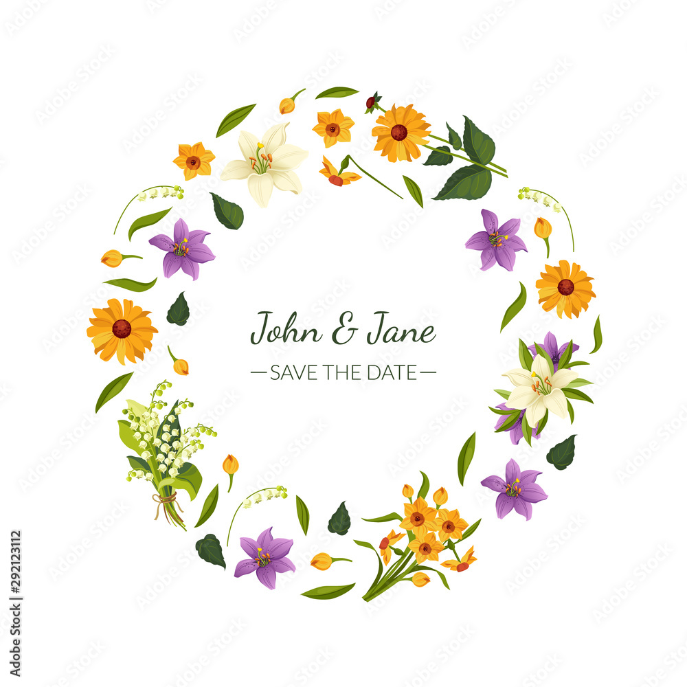 Save the Date Floral Round Frame with Beautiful Spring or Summer Flowers, Wedding Invitation Card Design Element Vector Illustration