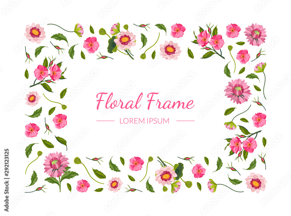 Floral Rectangular Frame with Beautiful Pink Flowers, Design Element Can Be Used for Invitation, Poster, Banner, Greeting Card Vector Illustration