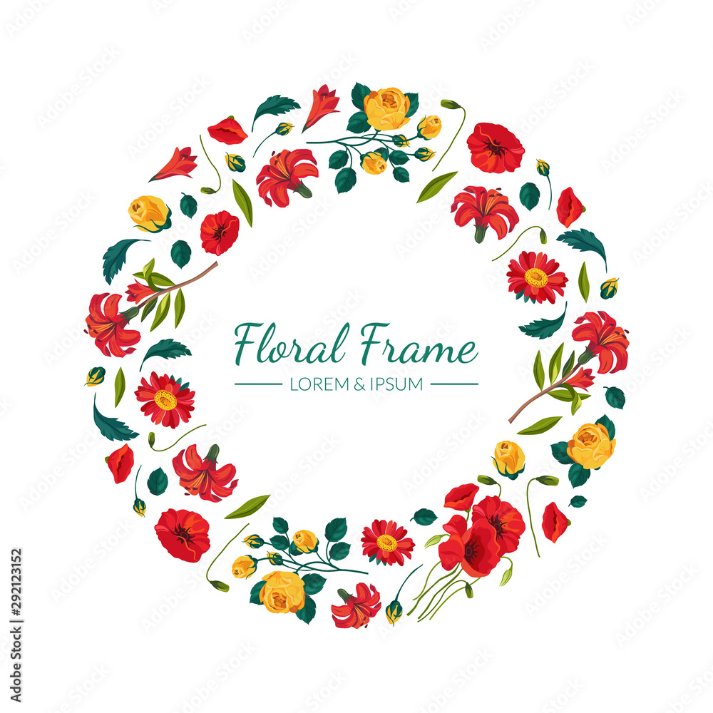 Floral Round Frame with Beautiful Summer Flowers Floral Round Frame with Beautiful Summer Flowers