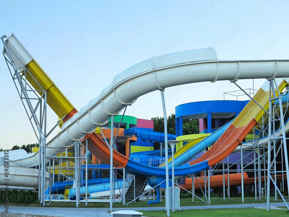 03.07.2019, Antalia, Turkey: Metal structures for water slides in the waterpark