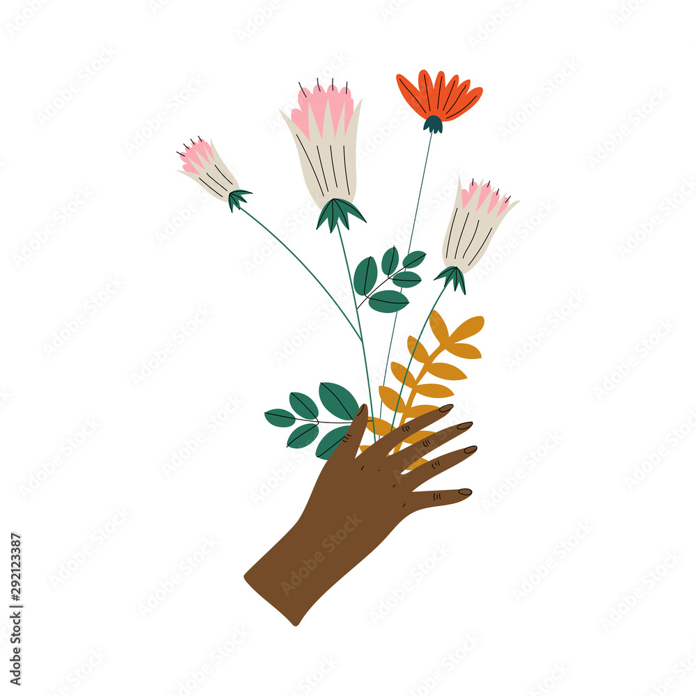 Female Hand Holding Bouquet of Flowers, Elegant Decorative Floral Design Element Vector Illustration Female Hand Holding Bouquet of Flowers, Elegant Decorative Floral Design Element Vector Illustration
