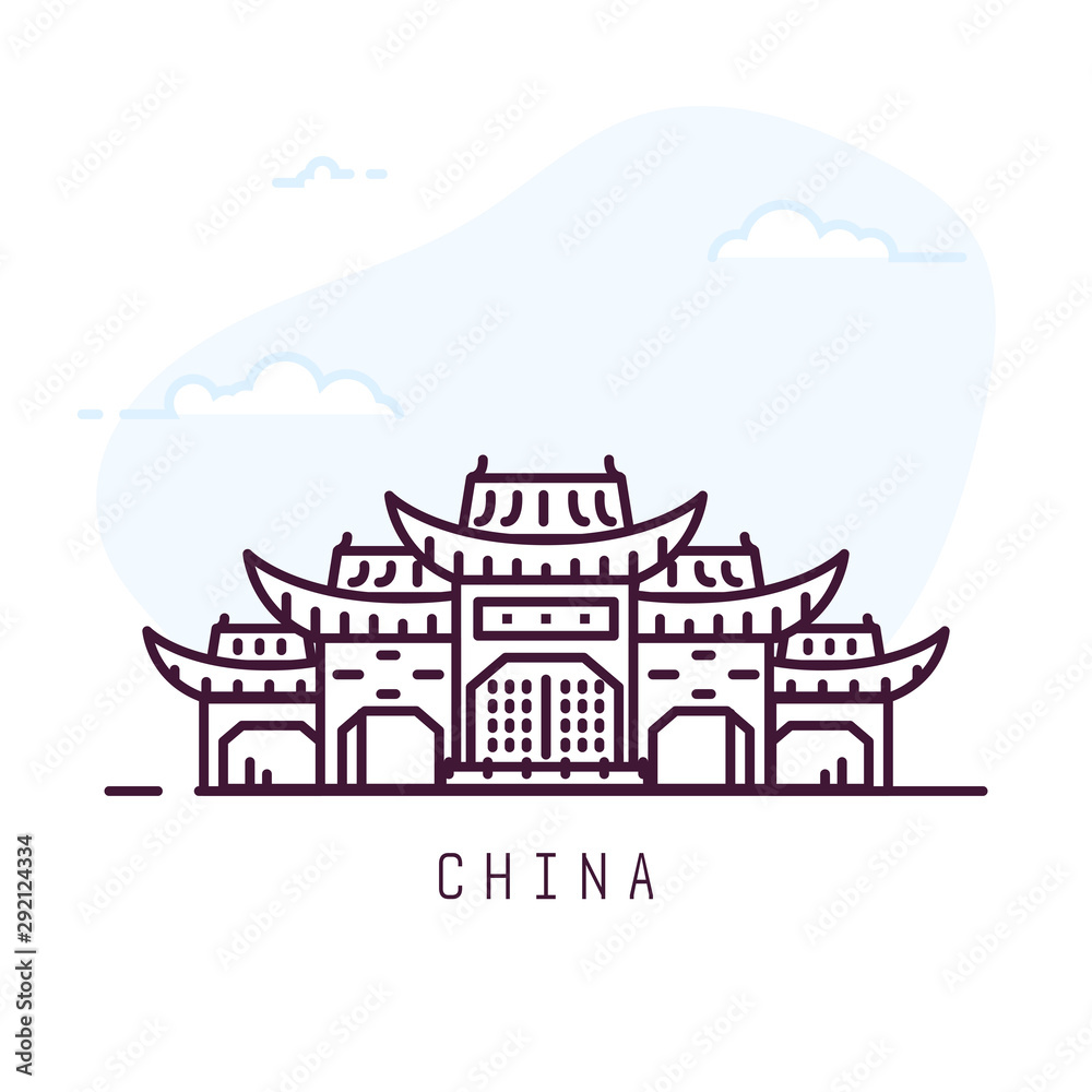 China city line style illustration. Famous Chongsheng Temple. Architecture city symbol of China. Outline building. Sky clouds on background. Travel and tourism banner.