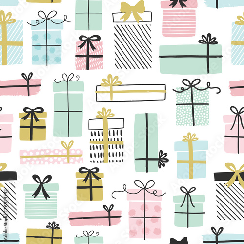 Obraz na plátně Gift boxes vector pattern in hand drawn doodle style