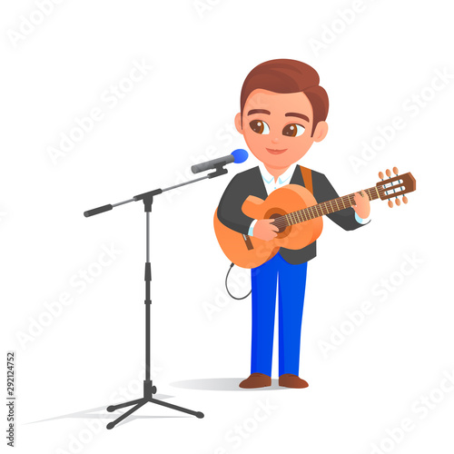 Young elegant male musician is standing with an acoustic guitar and microphone. Sings a song. Vector isolated cartoon illustration.