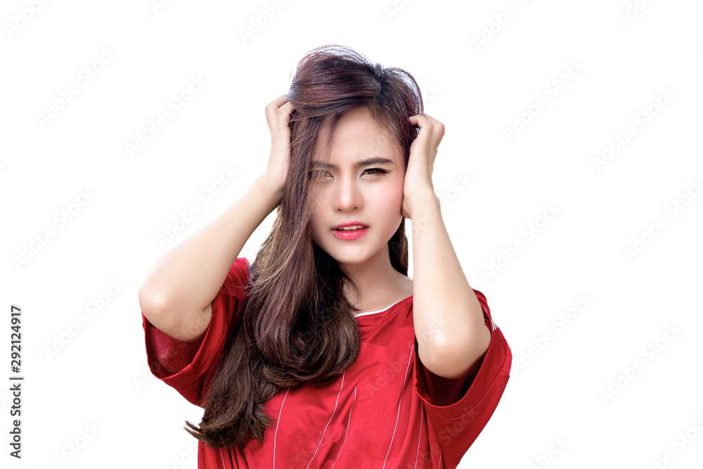 Young beautiful woman with headache isolated on white background. Closeup portrait of beautiful sick girl suffering from head migraine and stress. Health and pain concept. Young beautiful woman with headache isolated on white background. Closeup portrait of beautiful sick girl suffering from head migraine and stress. Health and pain concept.
