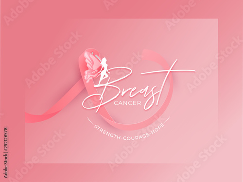 Breast Cancer ribbon with silhouette fairy character and given message as Strength Courage Hope on pink background for Awareness Month concept.