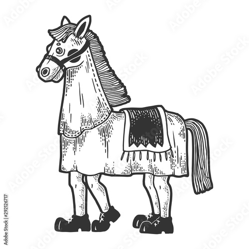 Horse costume in theater sketch engraving vector illustration. Tee shirt apparel print design. Scratch board style imitation. Black and white hand drawn image.