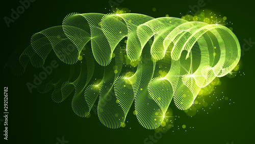 Dynamic magic particles wave flowing over dark, transparent tulle textile on wind. Dotted curves vector abstract background. Beautiful 3d wave shaped array of blended points.