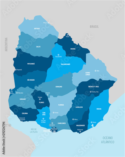 Uruguay vector map with separated provinces and capitals. Flat style vector illustration.