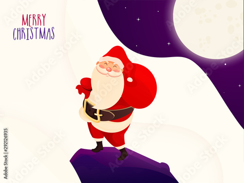 Merry Christmas greeting card design with illustration of santa claus lifting a heavy bag on full moon light abstract background.