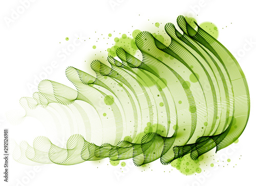 Vector abstract background with wave of flowing particles, smooth curve shape lines, transparent tulle textile on wind. 3d shape dots magic blended mesh.