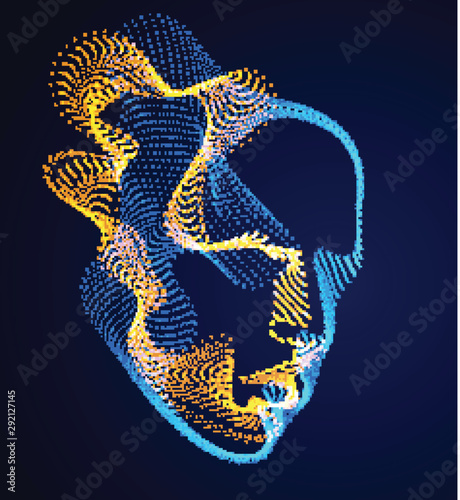 Dotted particles human portrait, abstract human head vector wave shapes array, Artificial Intelligence, pc programming software interface, digital soul.