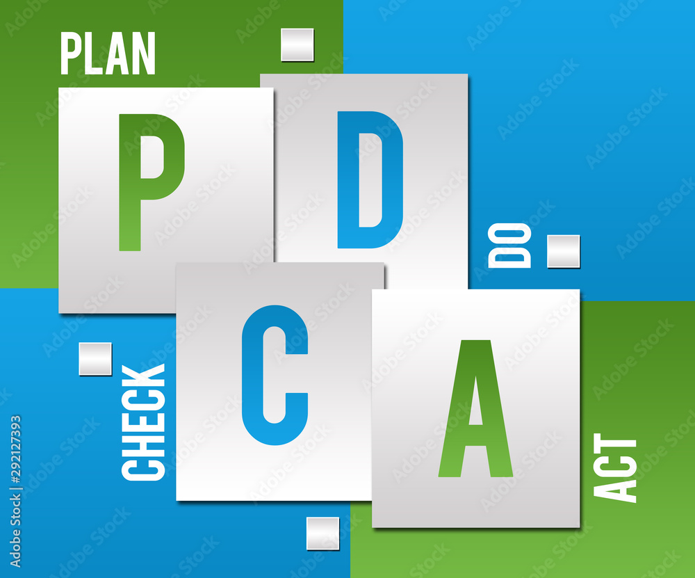 PDCA - Plan Do Check Act Green Blue Squares Text PDCA - Plan Do Check Act Green Blue Squares Text
