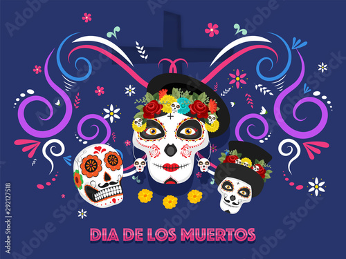 Illustration of sugar skulls or calaveras on blue floral pattern background for Dia De Muertos banner or poster design.