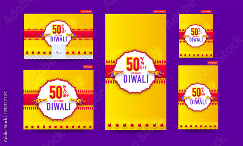 Diwali Sale poster and template design collection with 50% discount offer and megaphone on yellow and red background.