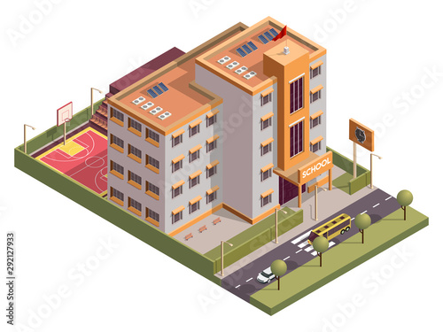 Isometric school skyline building with clock board and basketball ground along vehicle street background.