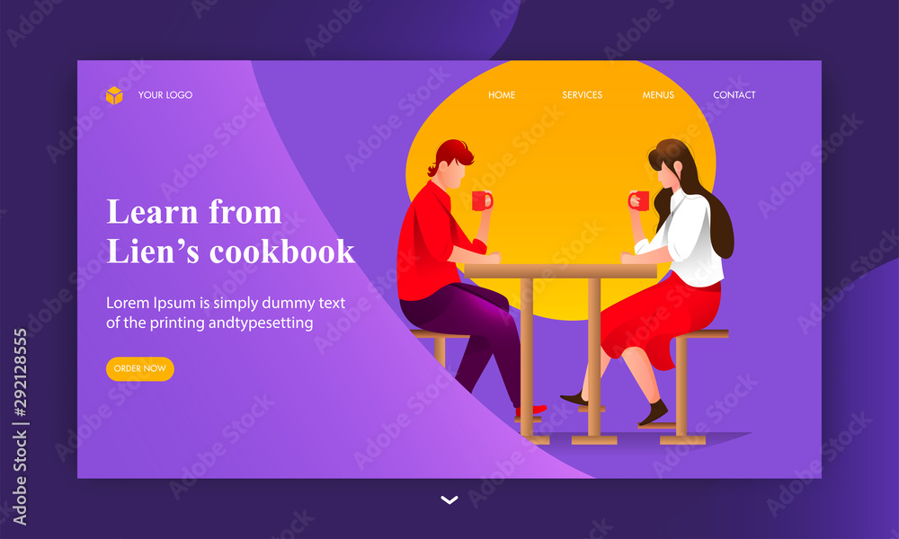 Learn from lien's cookbook concept based landing page design with young boy and girl drinking coffee at the restaurant table.