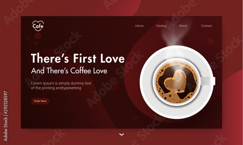 Top view of coffee cup on brown background for Coffee Shop landing page design.