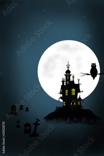 Halloween night background with moon, star, castle and owl in Fantasy Night.