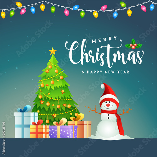 Greeting card or poster design with decorative xmas tree, gift boxes and snowman for Merry Christmas & Happy New Year celebration.