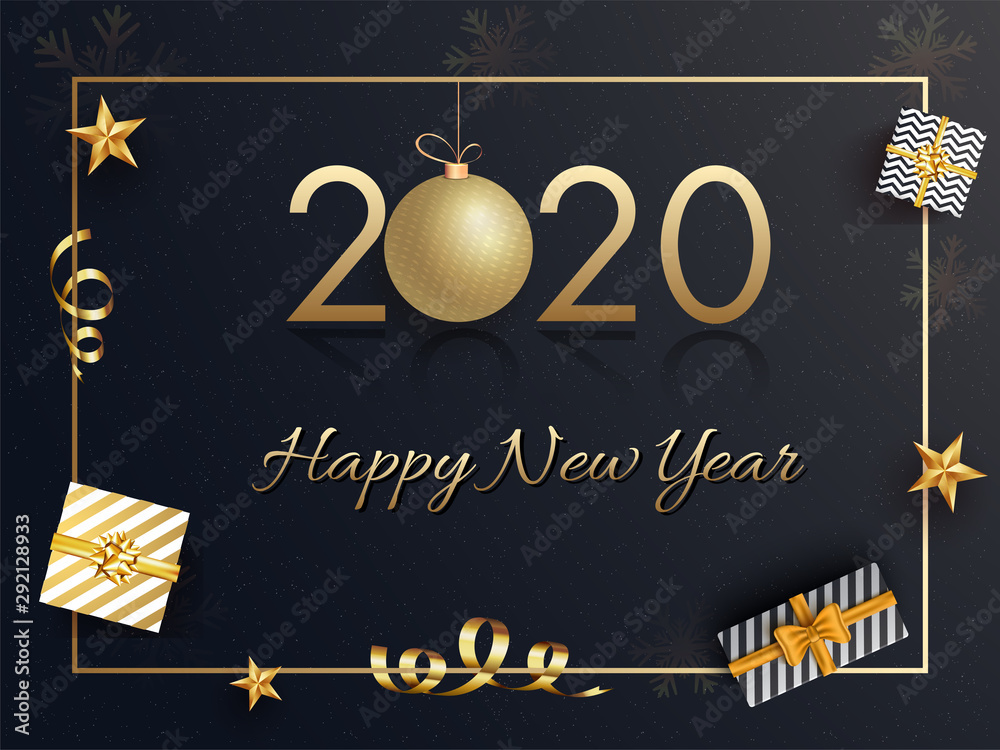 Golden text 2020 with hanging bauble and top view gift boxes decorated on black background for Happy New Year celebration.