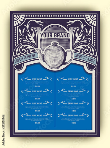 Vintage Tea shop menu with classic ornaments