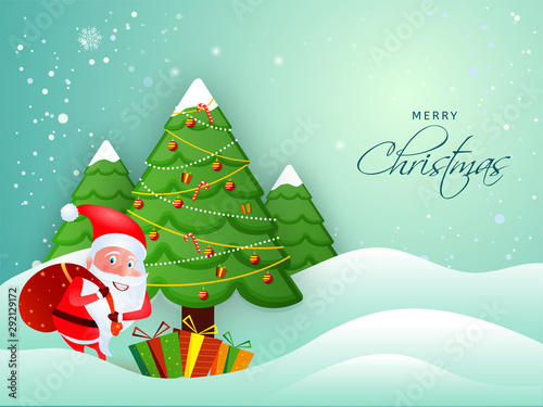 Illustration of santa claus lifting a heavy bag with decorative xmas tree on snowfall waves background for Merry Christmas celebration.