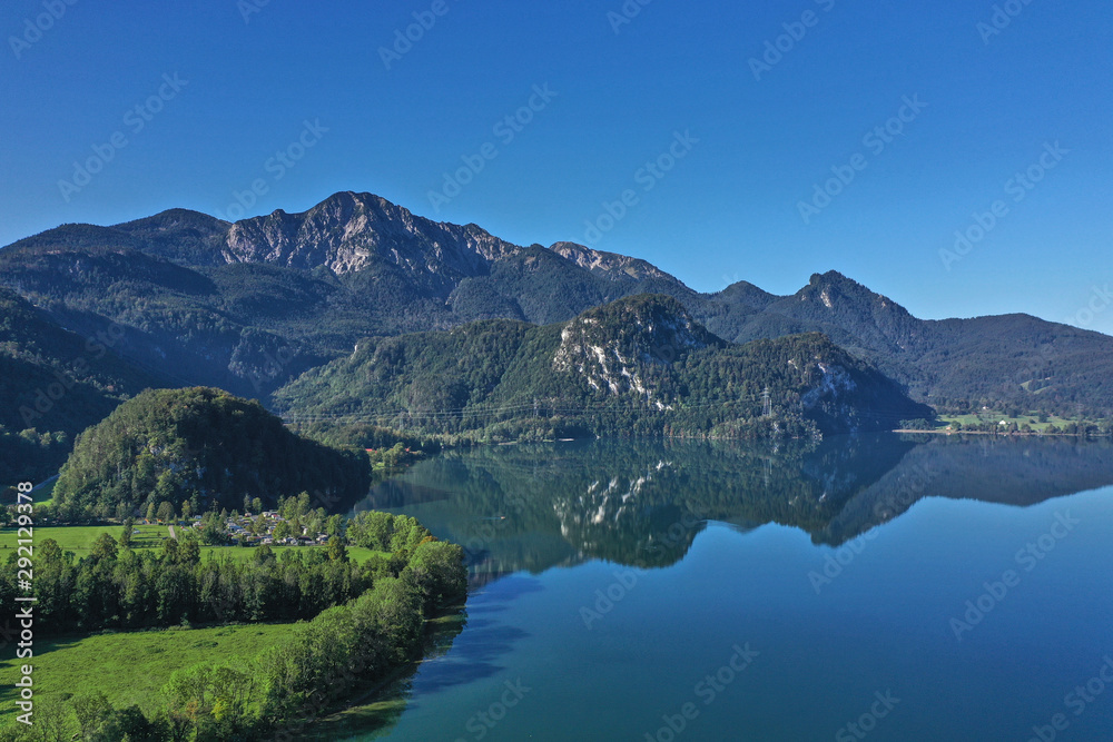 Aerial view. Beautiful panorama of lake Kochelsee, Bavaria Germany. Flying on drone.