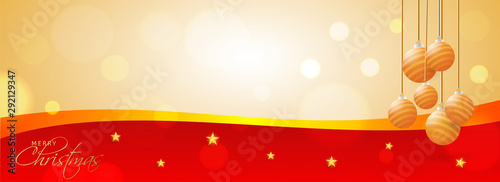 Merry Christmas celebration header or banner design with hanging baubles and stars decorated on bokeh effect background.