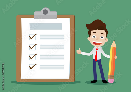 Happy businessman holds a pencil and completes to checklist on clipboard