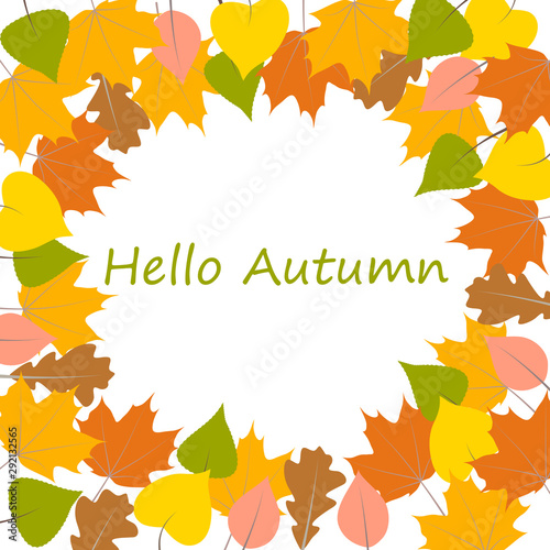 Hello Autumn greeting card with text and falling leaves. For holiday greeting cards designs and other projects